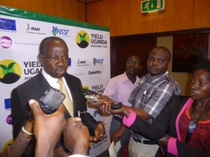 Finance Minister Matia Kasaija speaking to media at the launch of the Yield Uganda Investment Fund at the Kampala Serena Hotel on Jan24